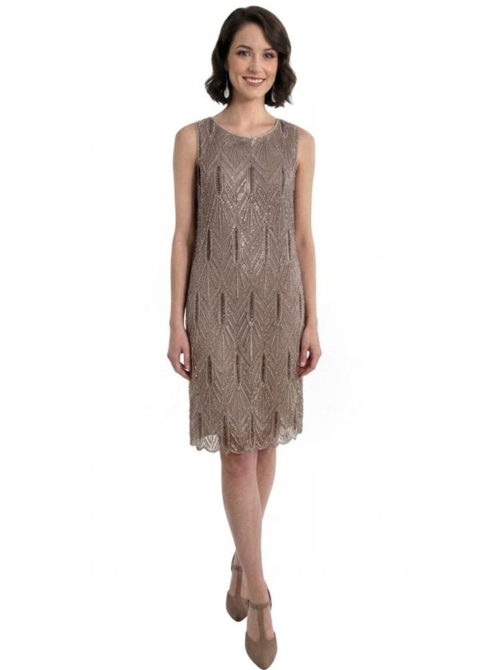 Pisarro Nights Taupe Sequined Beaded Women's Cocktail dress, Size 12